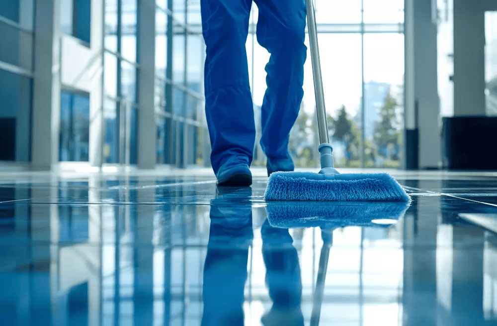 Специалист клининговой компании за уборкой квартиры